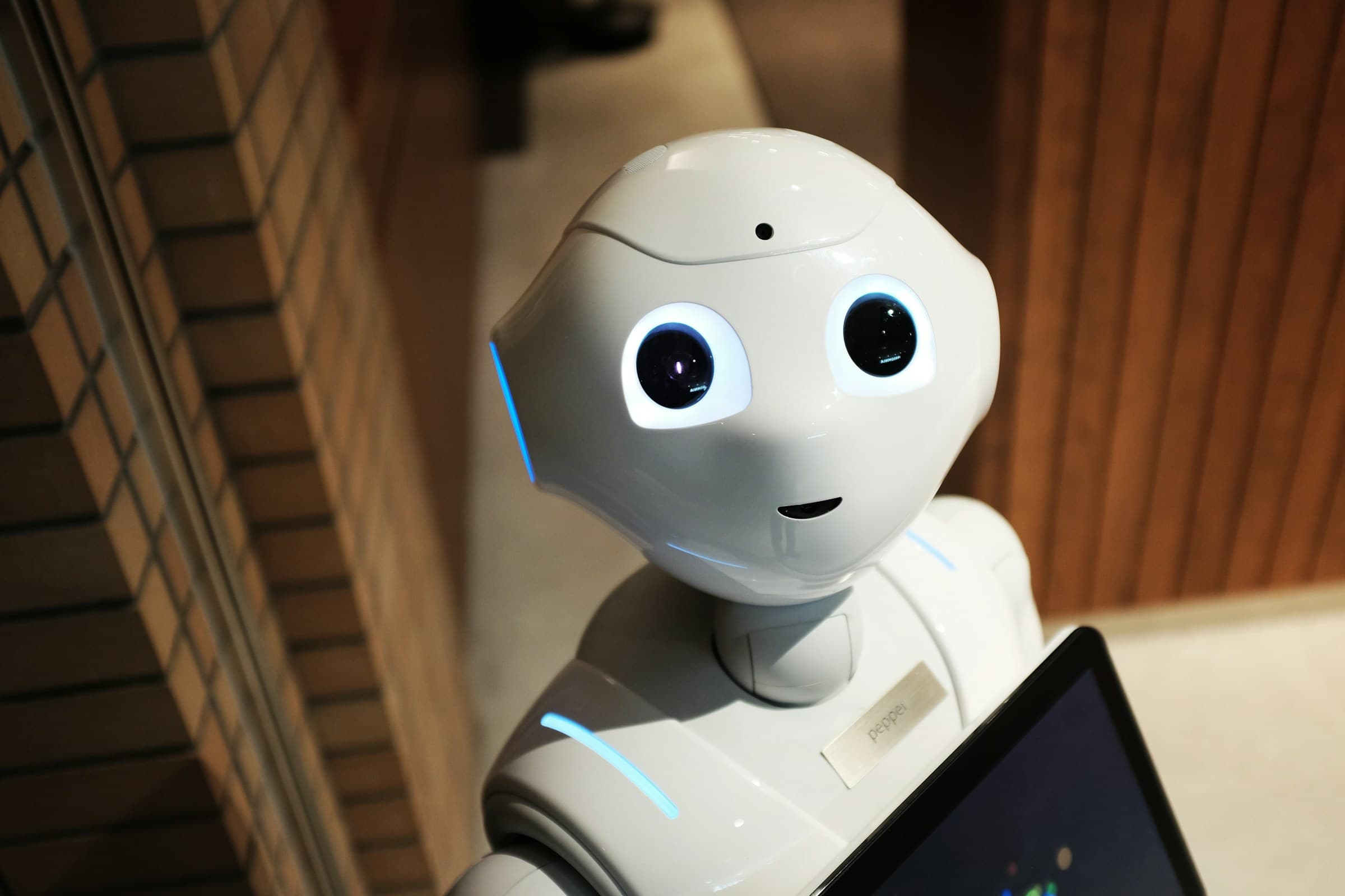 A friendly white robot looking at the camera